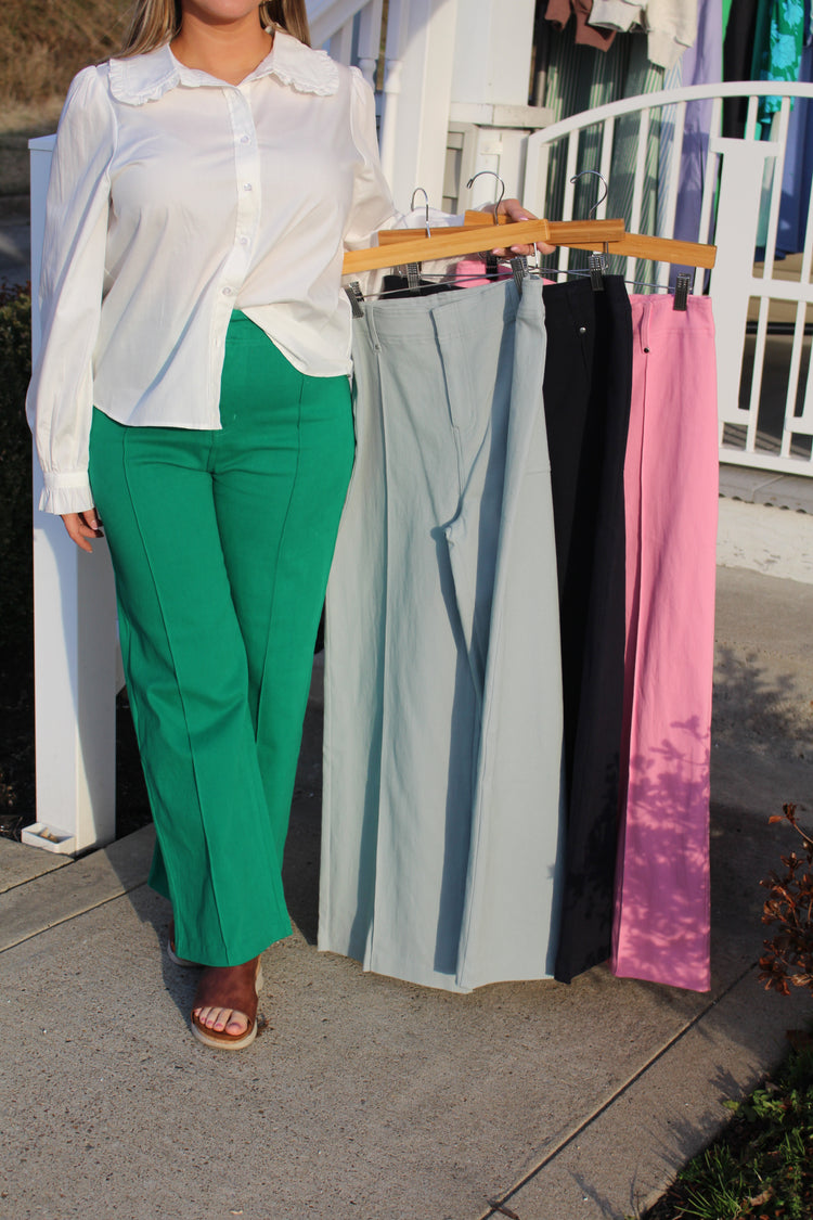 Solid High Rise Wide Leg Pants