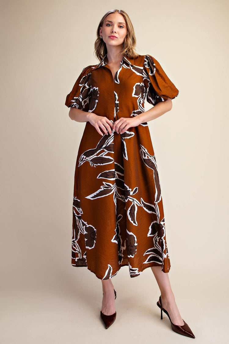 Print Puff Sleeve Midi Dress