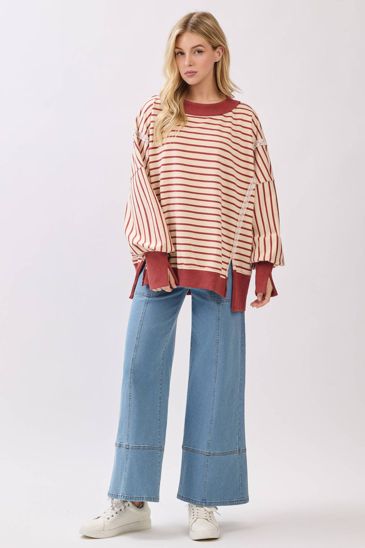 Striped Balloon Sleeve Terry Sweatshirt