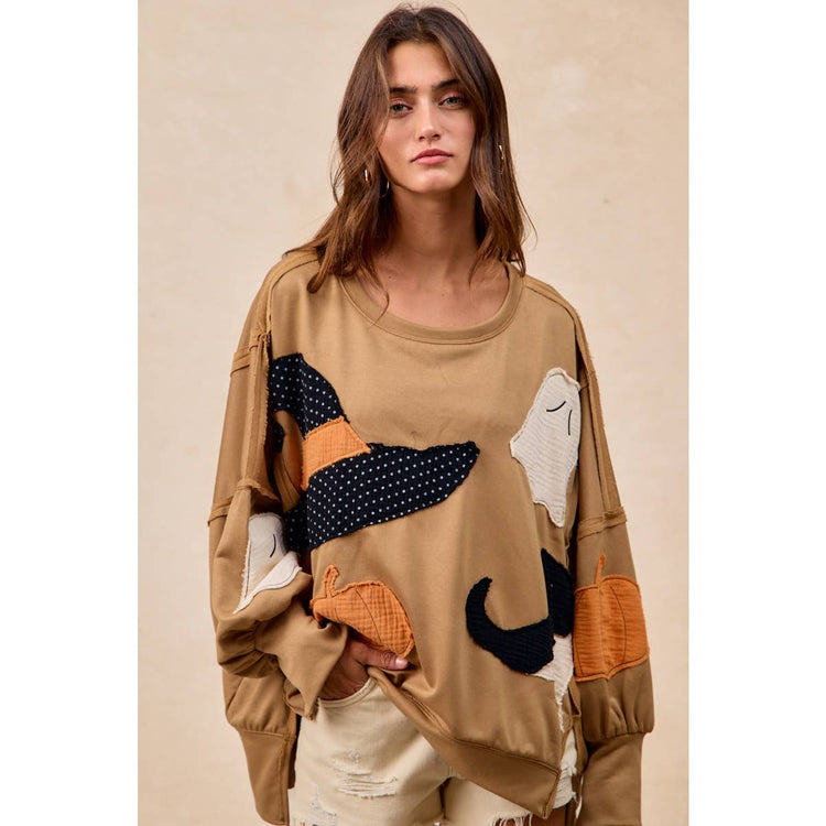 HALLOWEEN THEME PATCHWORK FRENCH TERRY SWEATSHIRT