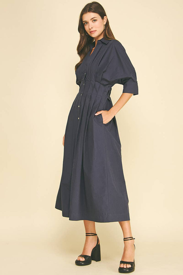 Pleated Button Down Midi Dress
