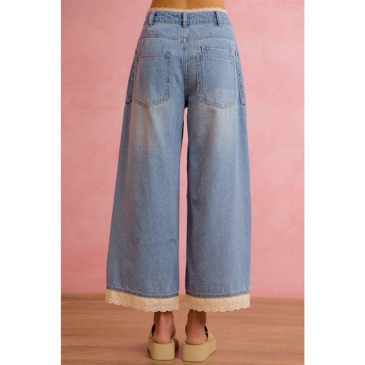 CROCHET LACE TRIM RELAXED STRAIGHT WIDE LEG DEMIN JEANS