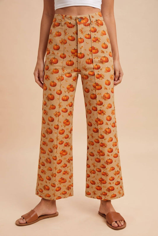 Halloween Pumpkin Printed Stretch Denim Flare Pants