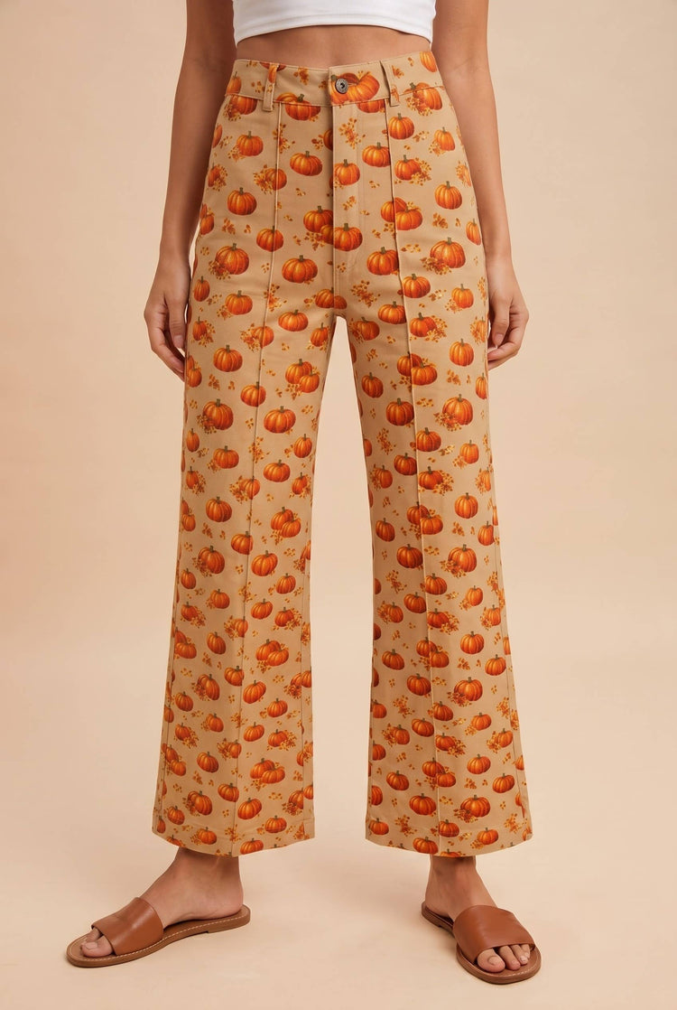 Halloween Pumpkin Printed Stretch Denim Flare Pants