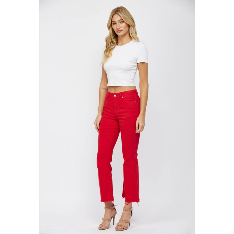 HIGH RISE ANKLE FLARE JEAN - HUSKER RED