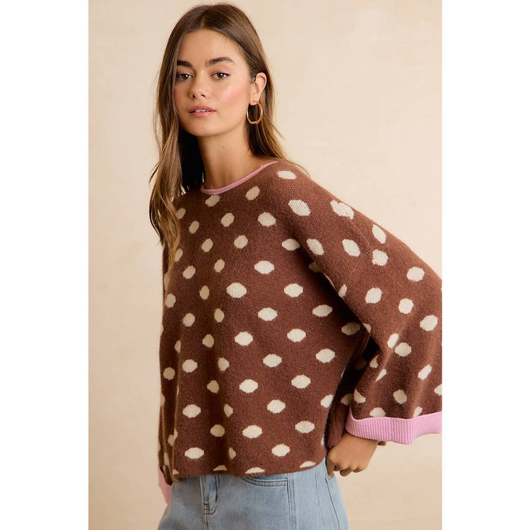 CONTRAST NECK AND ROLL UP DETAIL POLKA DOT SWEATER: MOCHA/BLUSH