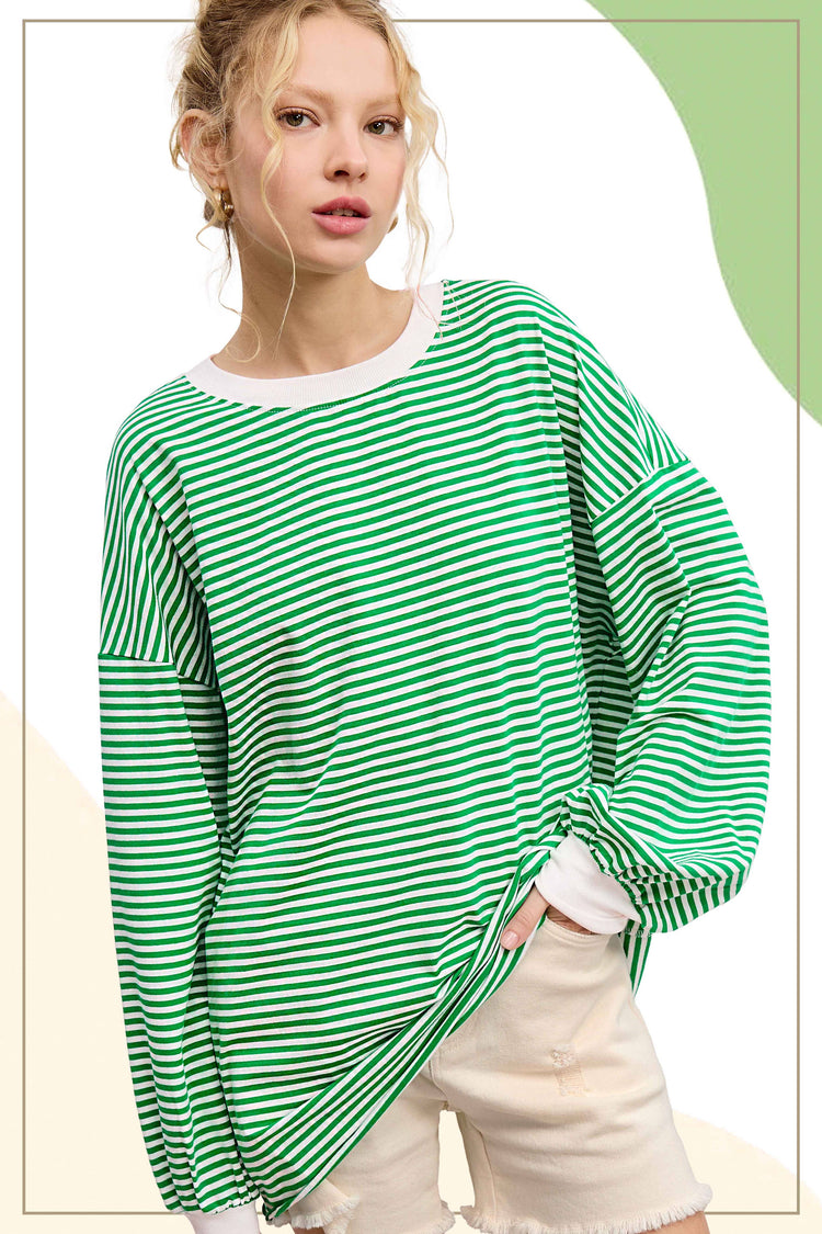 GREEN Oversized Striped Long Sleeve Pullover Top