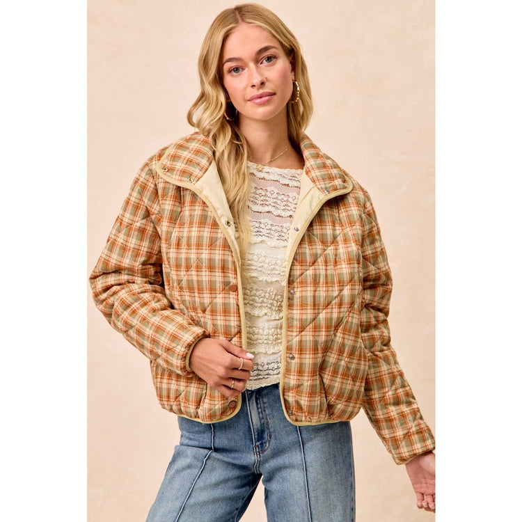 VINTAGE PLAID PIPING DETAIL QUILTED JACKET