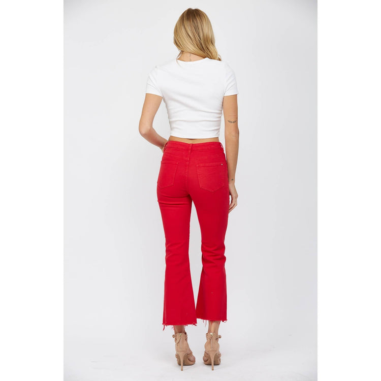 HIGH RISE ANKLE FLARE JEAN - HUSKER RED
