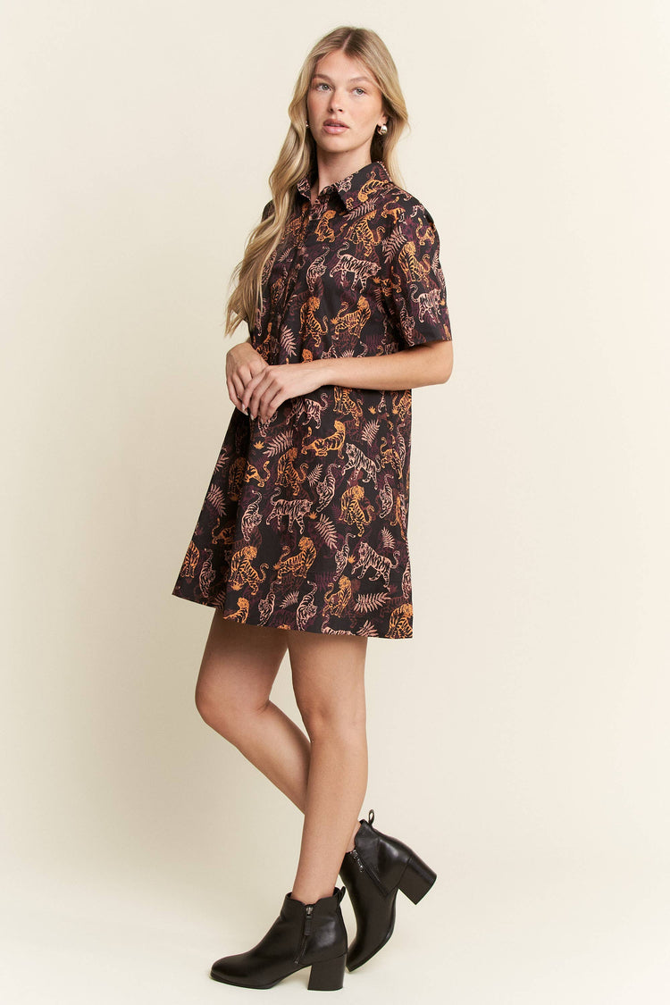 COLLARED TIGER PRINT MINI DRESS