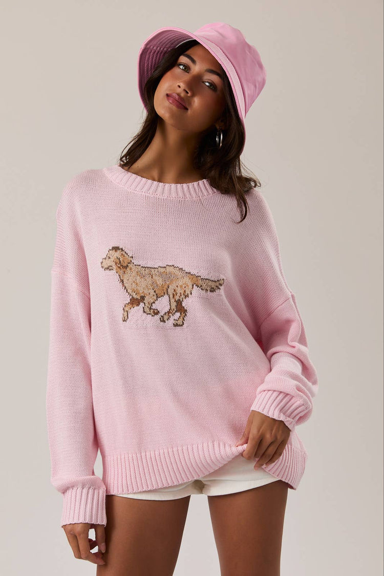 LONG SLEEVE CREW NECK RETRIEVER DOG GRAPHIC SWEATER