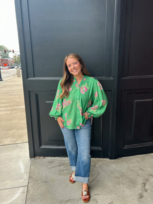 Mix Floral Print Ruffle Neck Button Down Blouse