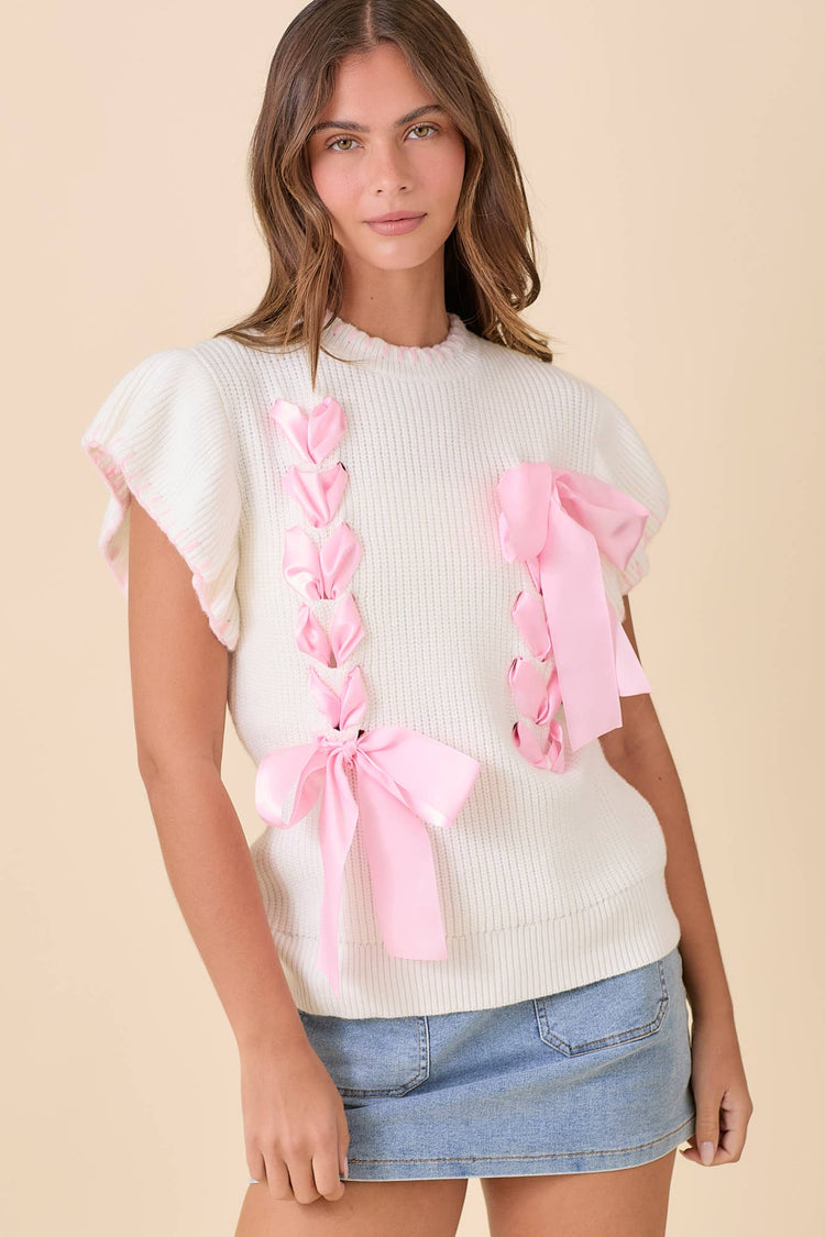 Ribbon Detail Flutter Sleeve Knit Top