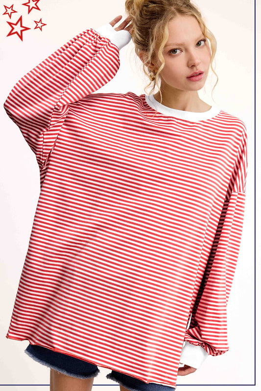 RED Oversized Striped Long Sleeve Pullover Top