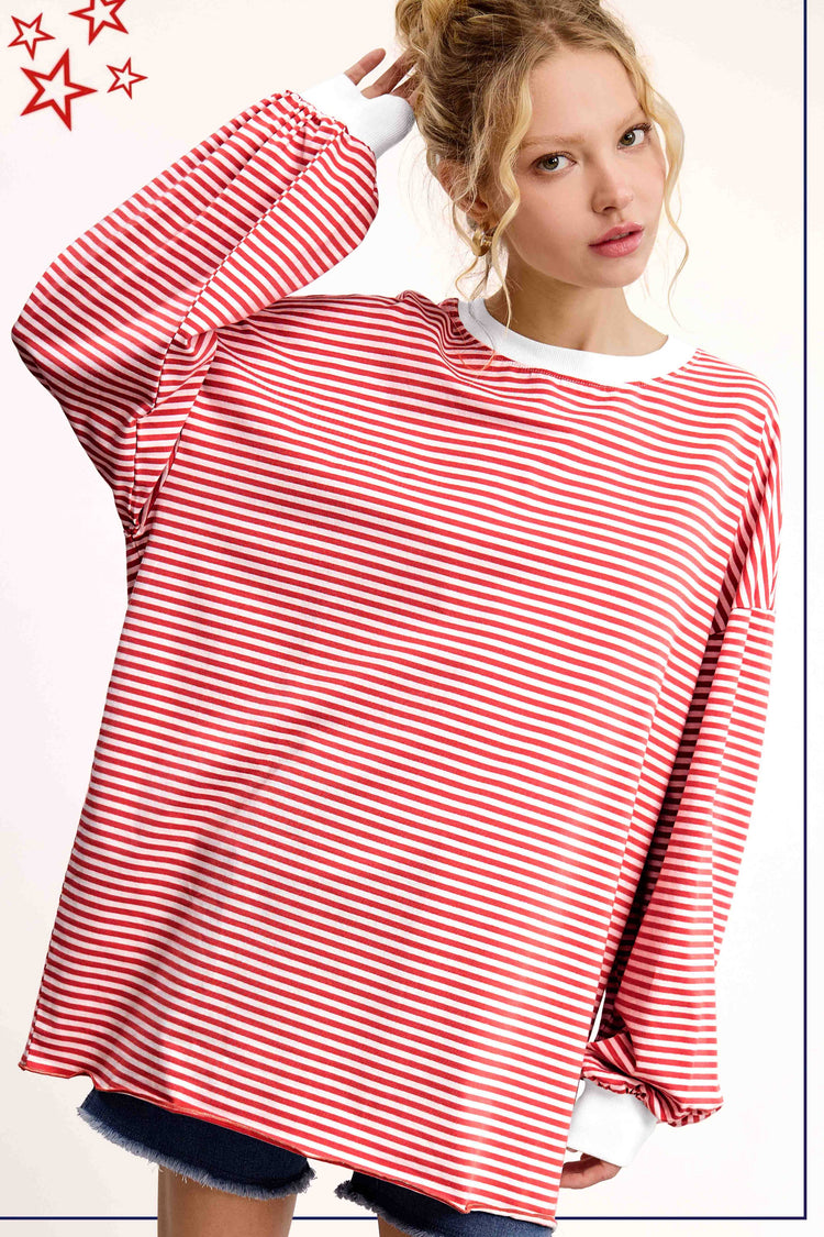 RED Oversized Striped Long Sleeve Pullover Top