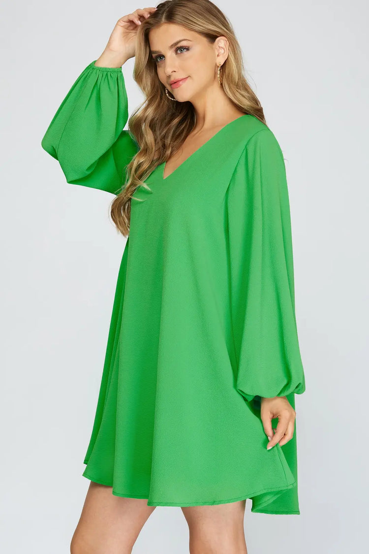 LONG SLEEVE V-NECK FLOUNCE WOVEN DRESS