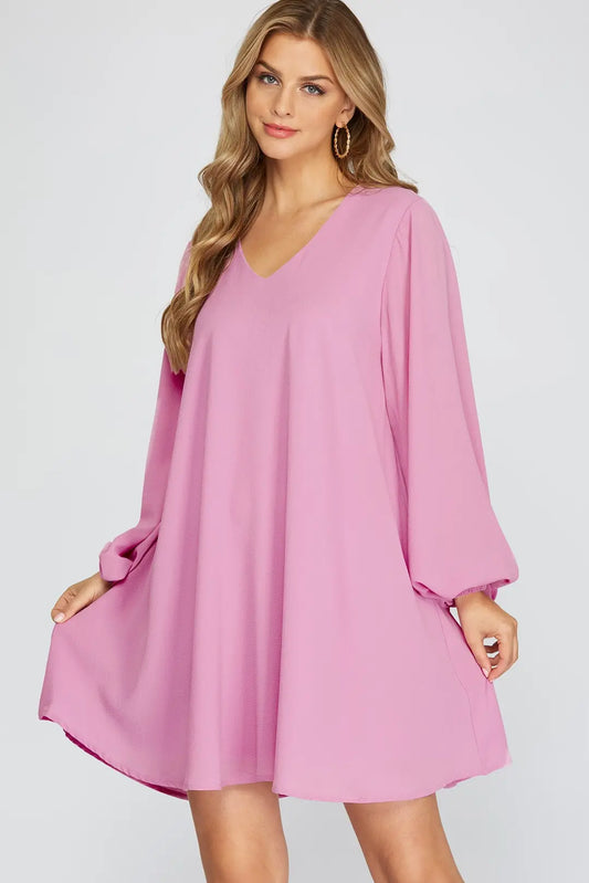 LONG SLEEVE V-NECK FLOUNCE WOVEN DRESS