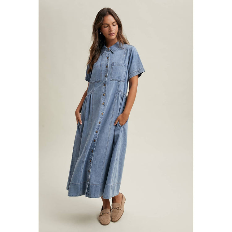 DENIM BUTTON-FRONT SHIRT DRESS
