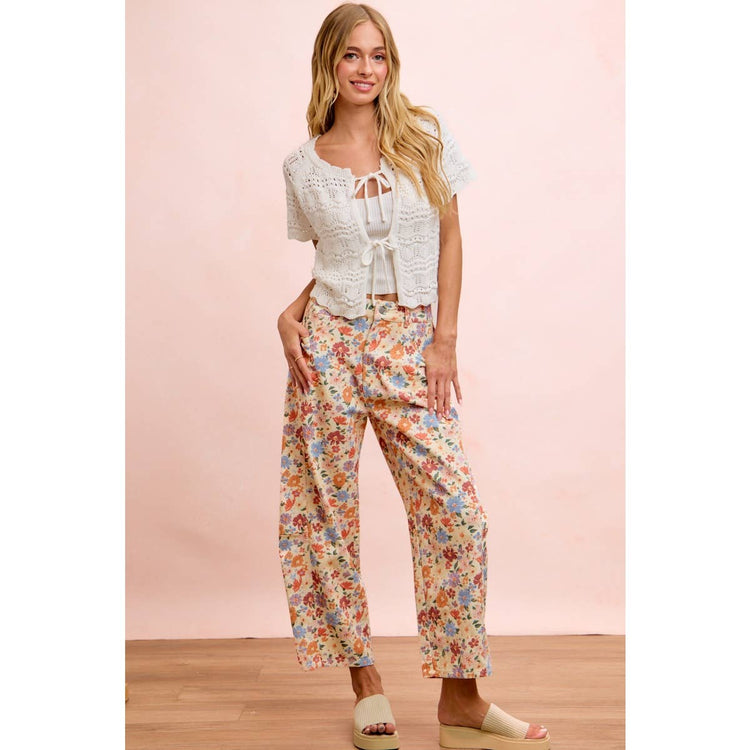 WASHED FLORAL PRINTED TWILL BARREL PANTS