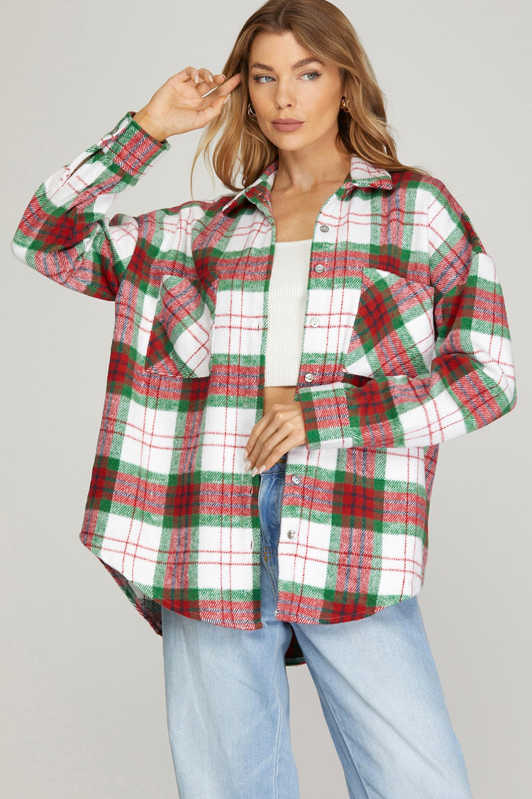 CHRISTMAS BUTTON DOWN PLAID SHACKET