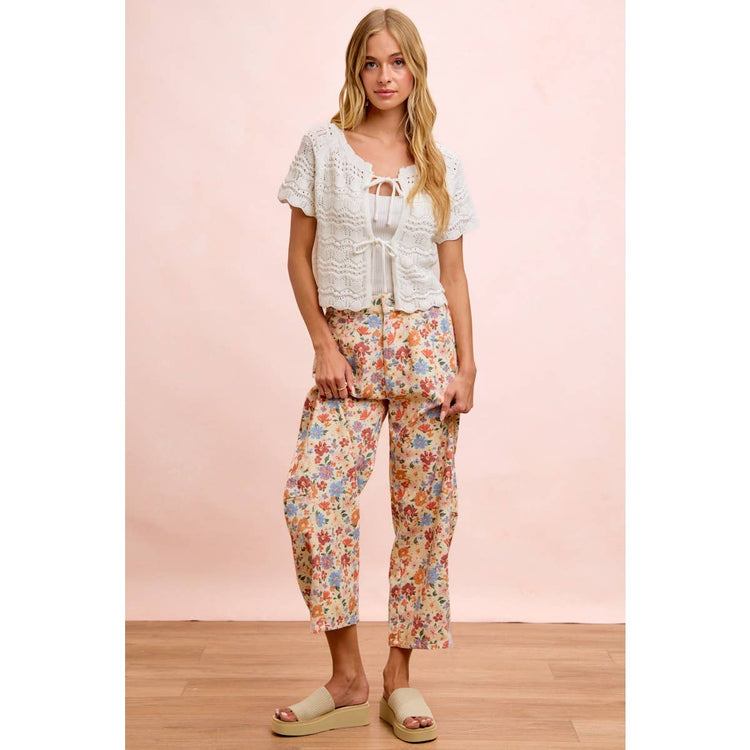 WASHED FLORAL PRINTED TWILL BARREL PANTS