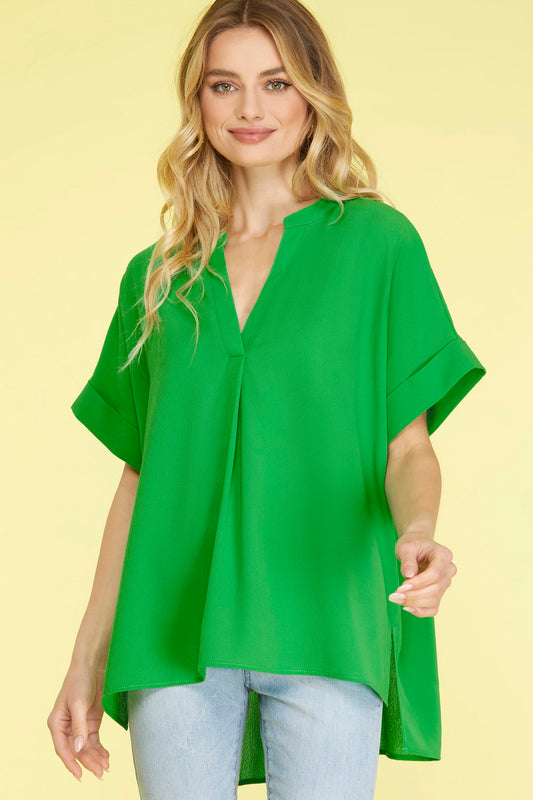 DROP SHOULDER V NECK WOVEN TOP