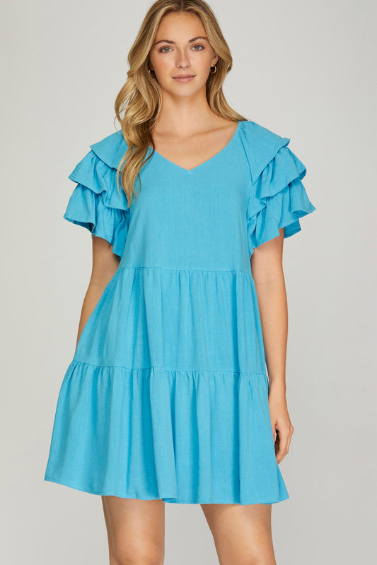 RUFFLE SLEEVE V NECK TIERED WOVEN DRESS WITH SIDE POCKETS