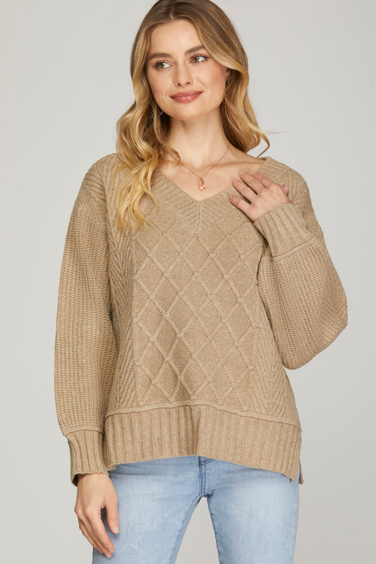 LONG SLEEVE V NECK CABLE SWEATER TOP