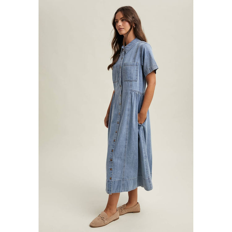 DENIM BUTTON-FRONT SHIRT DRESS