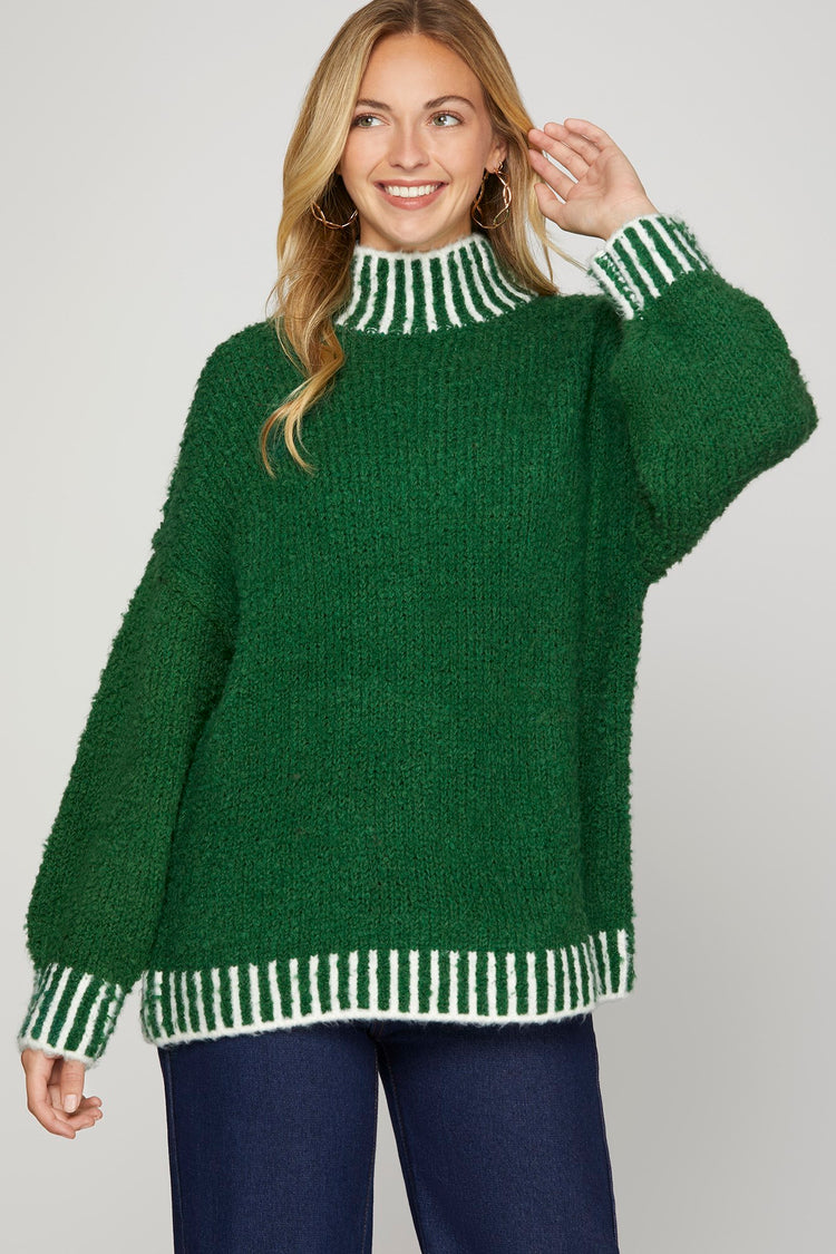 LONG SLEEVE MOCK NECK STITCHED CONTRAST SWEATER TOP