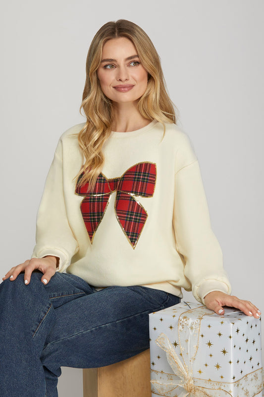 LONG SLEEVE CHRISTMAS PLAID BOW KNIT TOP