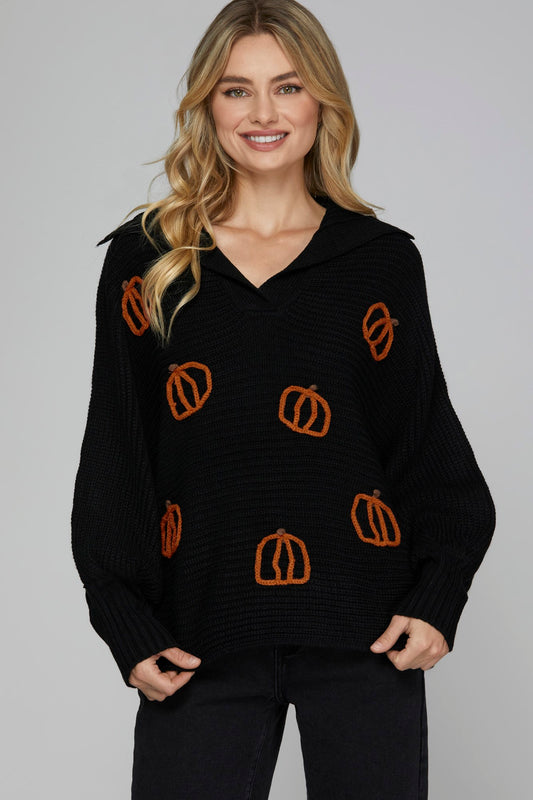 LONG SLEEVE COLLARED PUMPKIN SWEATER TOP