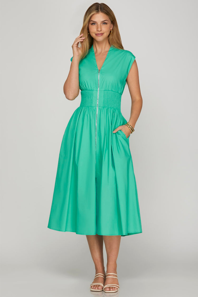 DROP SHOULDER SMOCKED WAIST MIDI DRESS WITH FRONT ZIPPER AND POCKETS