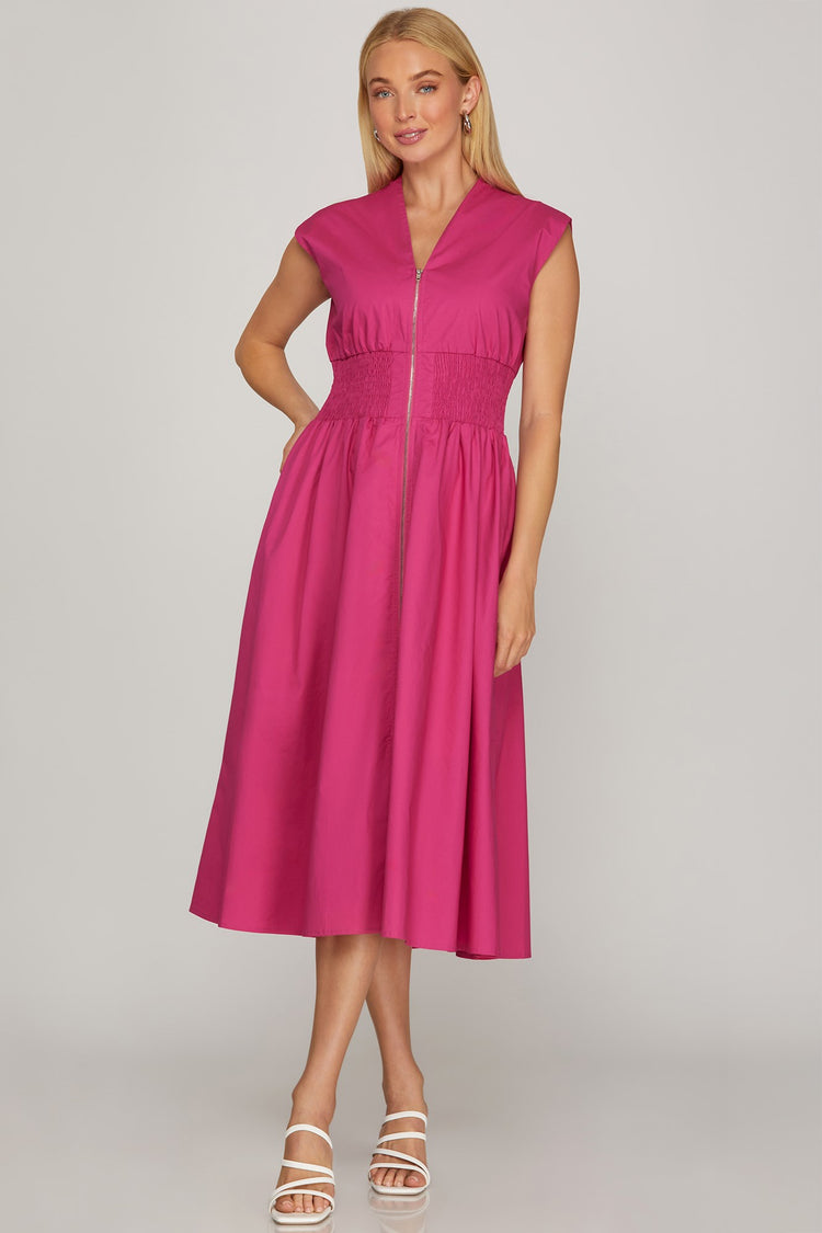 DROP SHOULDER SMOCKED WAIST MIDI DRESS WITH FRONT ZIPPER AND POCKETS
