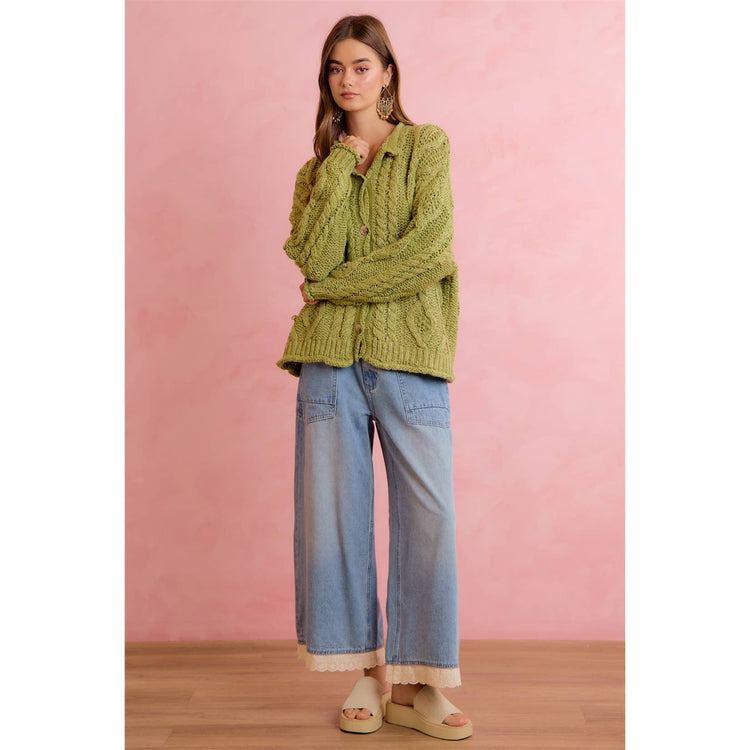 CROCHET LACE TRIM RELAXED STRAIGHT WIDE LEG DEMIN JEANS