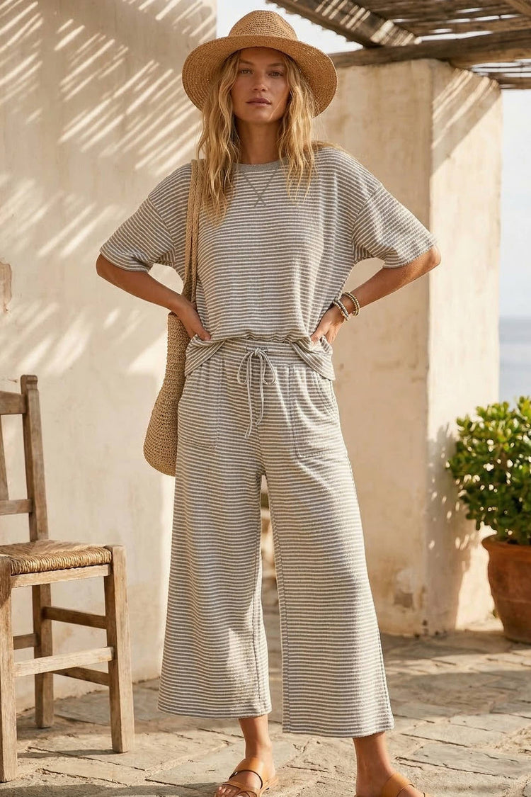 Striped Knit Top and Pants Set: Grey/white