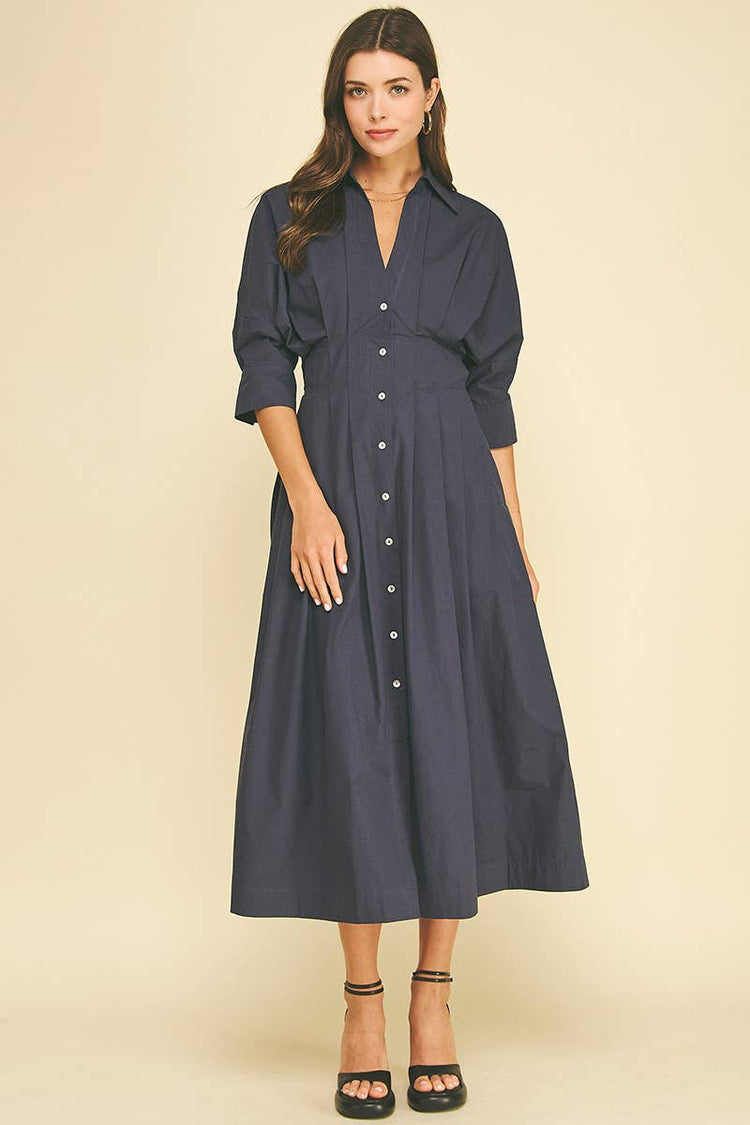 Pleated Button Down Midi Dress