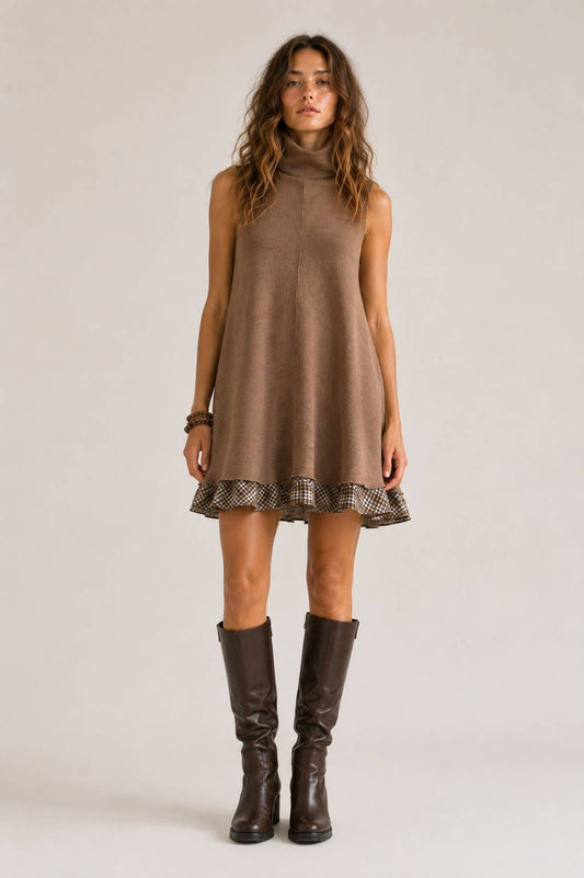 PLAID RUFFLE TURTLENECK MINI DRESS