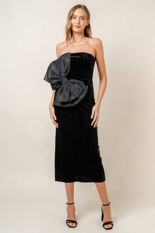 PARTY DRAMATIC BOW VELVET LACEUP TUBE MIDI DRESS