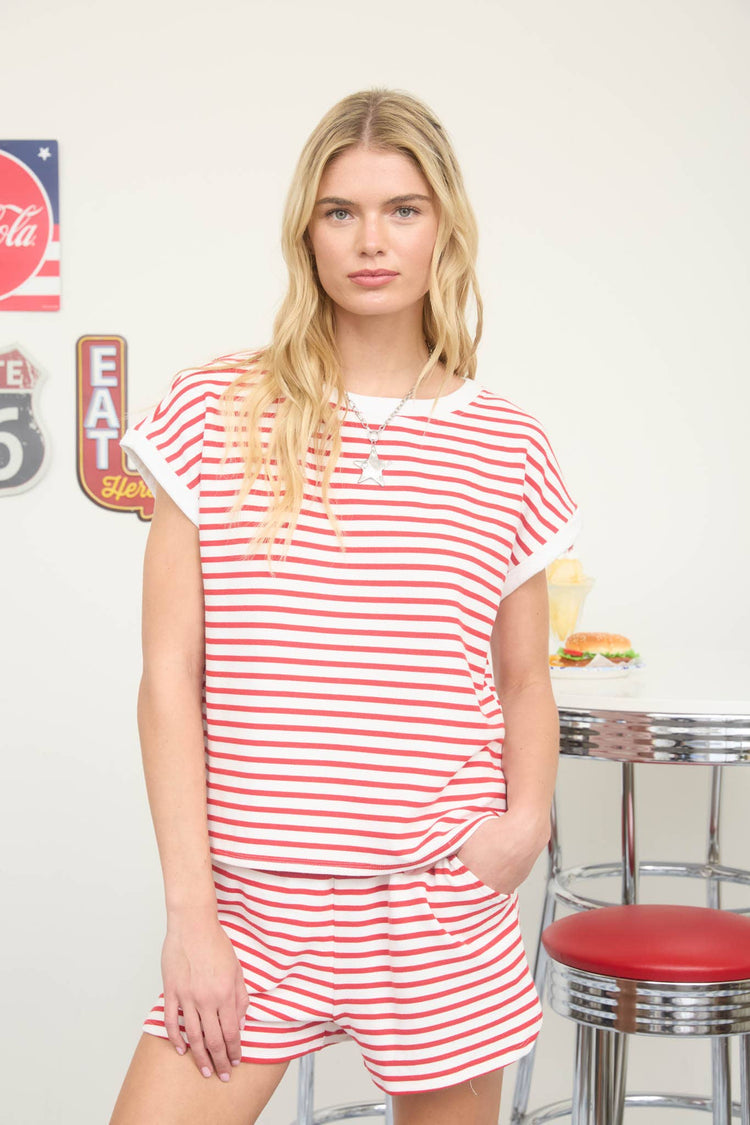 STRIPE KNIT TOP AND SHORT SET