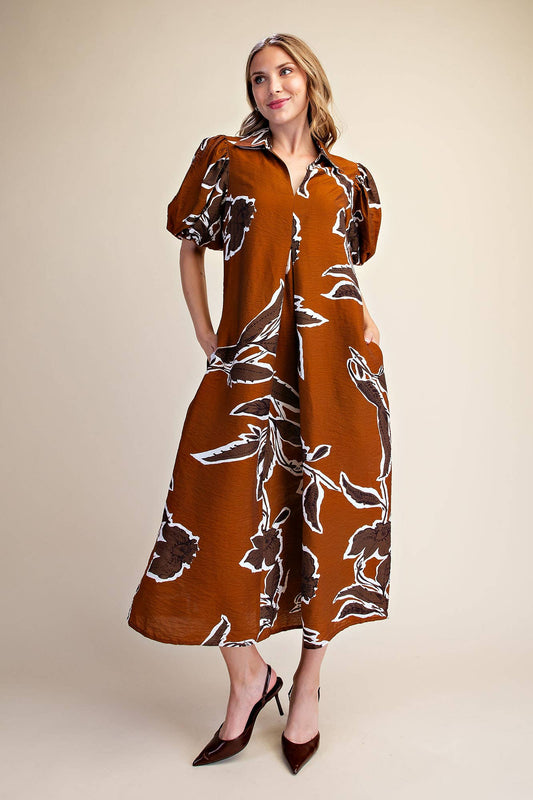 Print Puff Sleeve Midi Dress