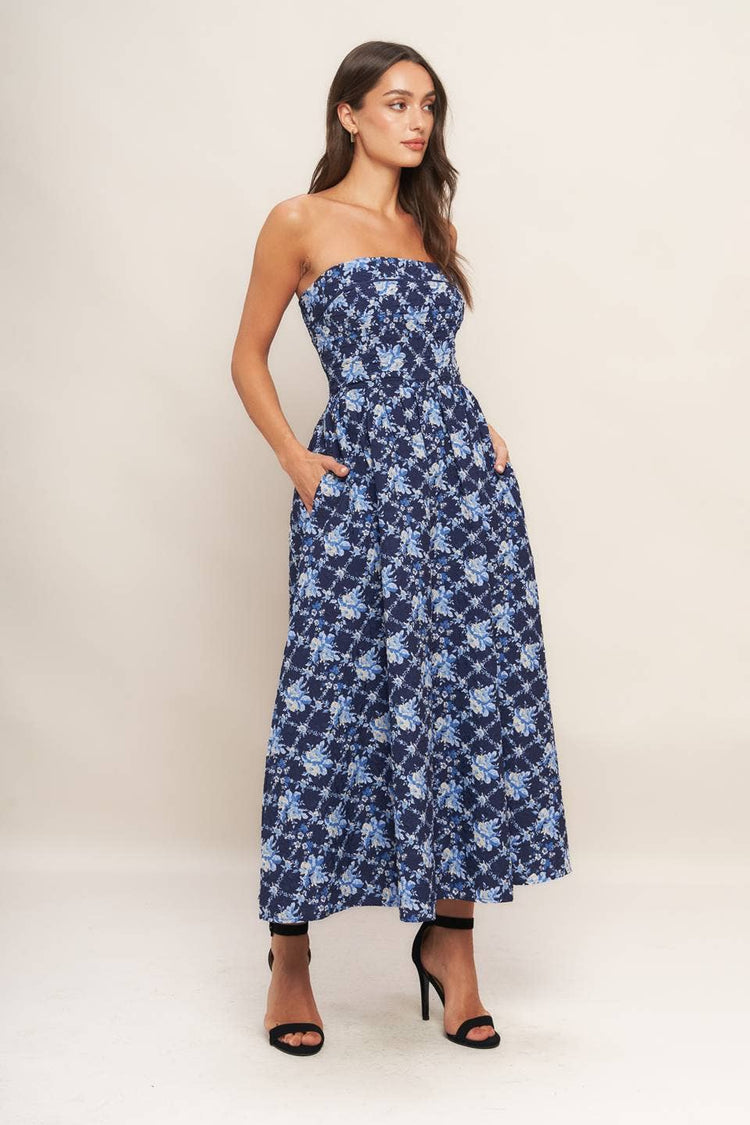 Textured Strapless Woven Midi Dress
