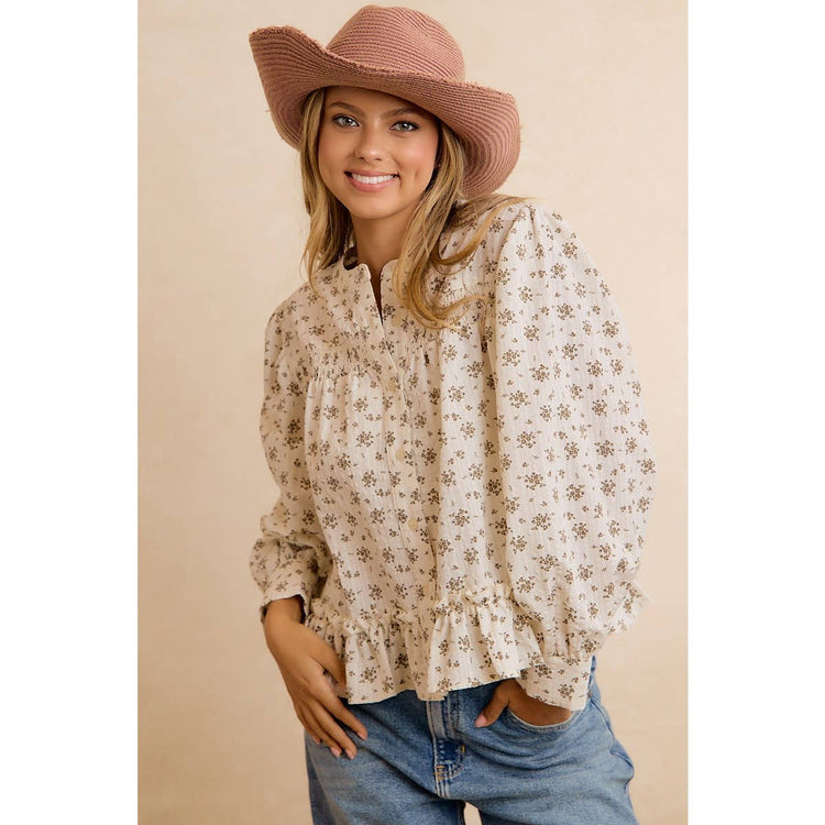 VINTAGE FLORAL SMOCKED BUTTON DOWN PEPLUM BLOUSE: OATMEAL
