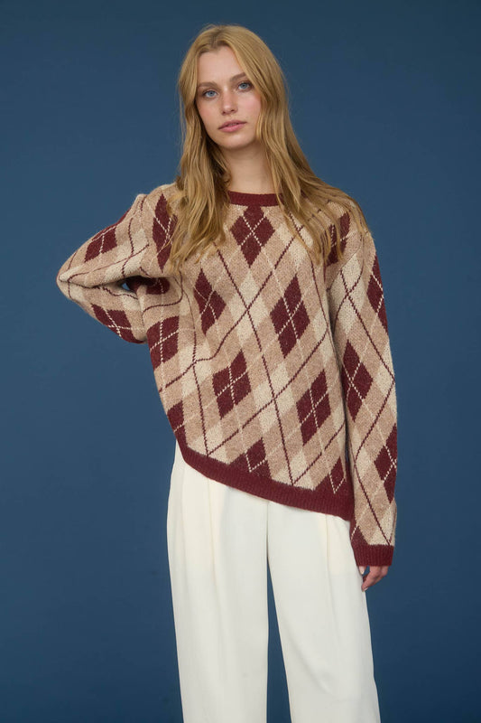 ARGYLE PATTERN CREW NECK LONG SLEEVE KNIT SWEATER