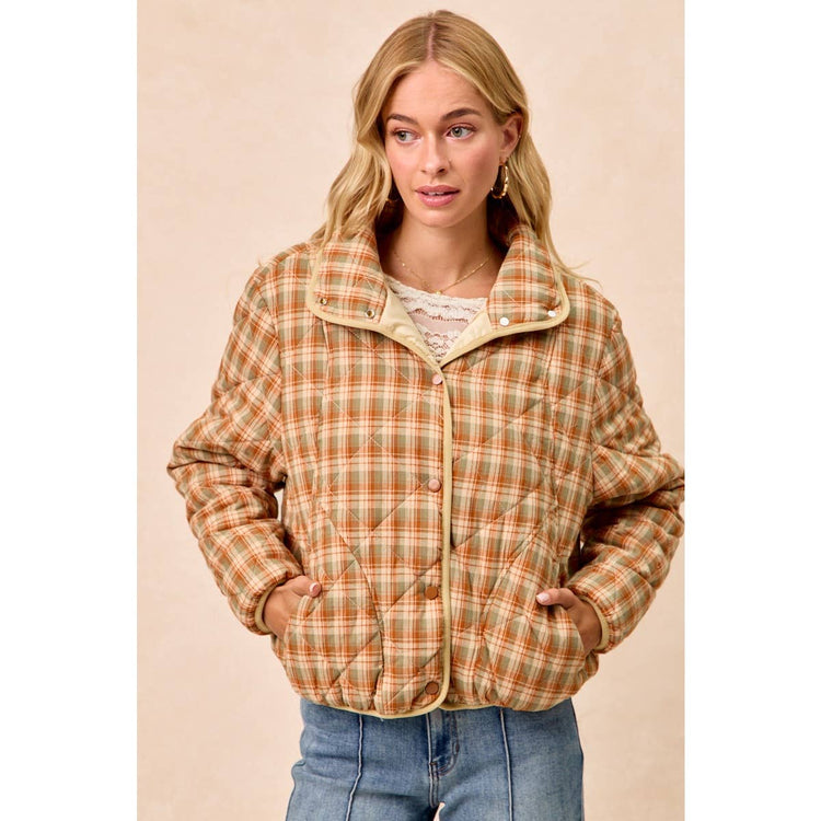 VINTAGE PLAID PIPING DETAIL QUILTED JACKET