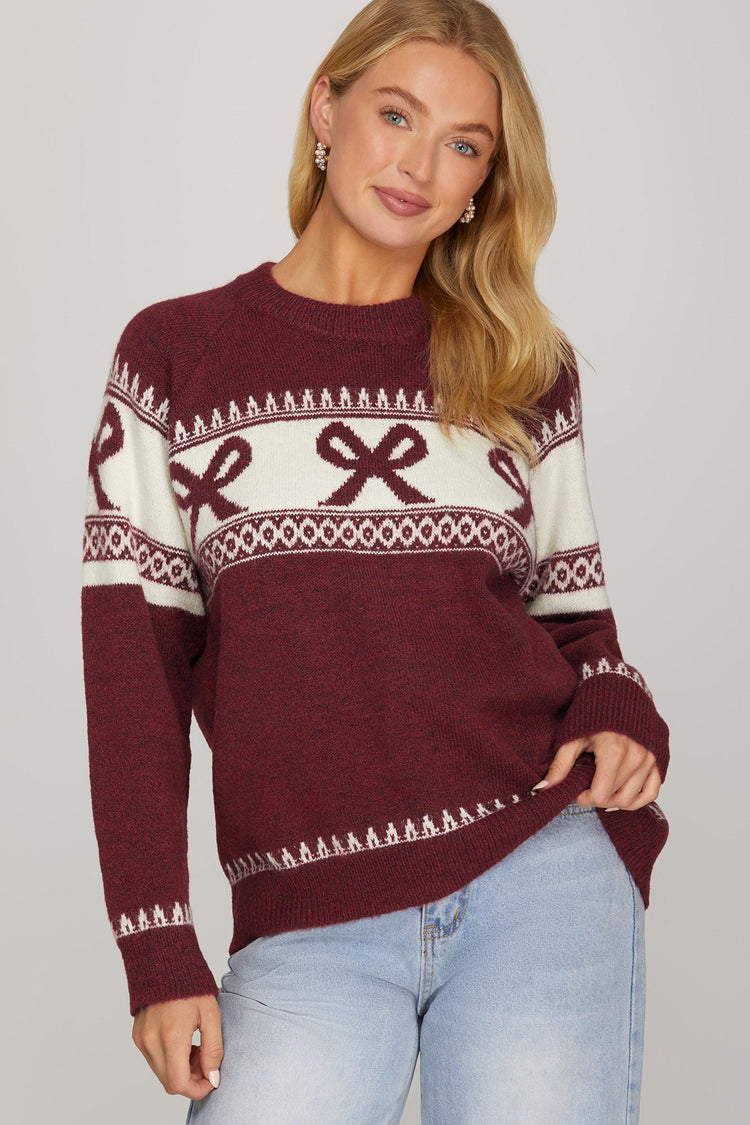 LONG SLEEVE BOW PATTERNED SWEATER TOP
