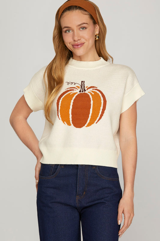 DROP SHORT SLEEVE ROUND NECK HALLOWEEN PUMPKIN PATTERN SWEATER TOP
