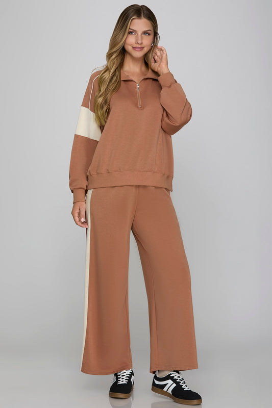 LONG SLEEVE HALF ZIP KNIT SET WITH CONTRAST DETAIL