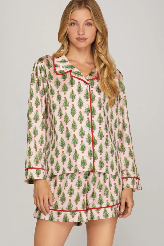 WOVEN CHRISTMAS TREE PRINT LONG SLEEVE TOP AND SHORTS PAJAMA SET