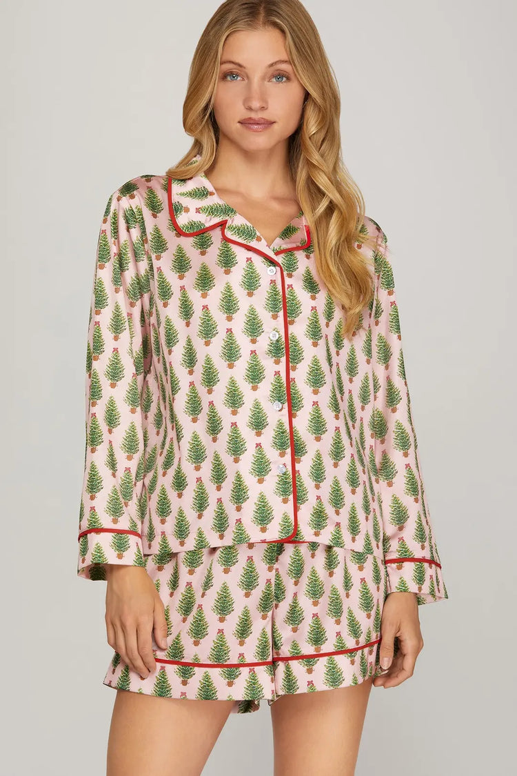 WOVEN CHRISTMAS TREE PRINT LONG SLEEVE TOP AND SHORTS PAJAMA SET